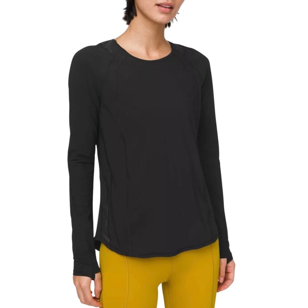 Black Mesh Back Long Sleeve Athletic Top Thumbholes Lululemon Sculpt Run Yoga